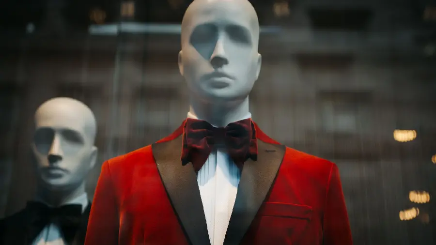 Stylish red suit on a mannequin in a pleasant artistic frame