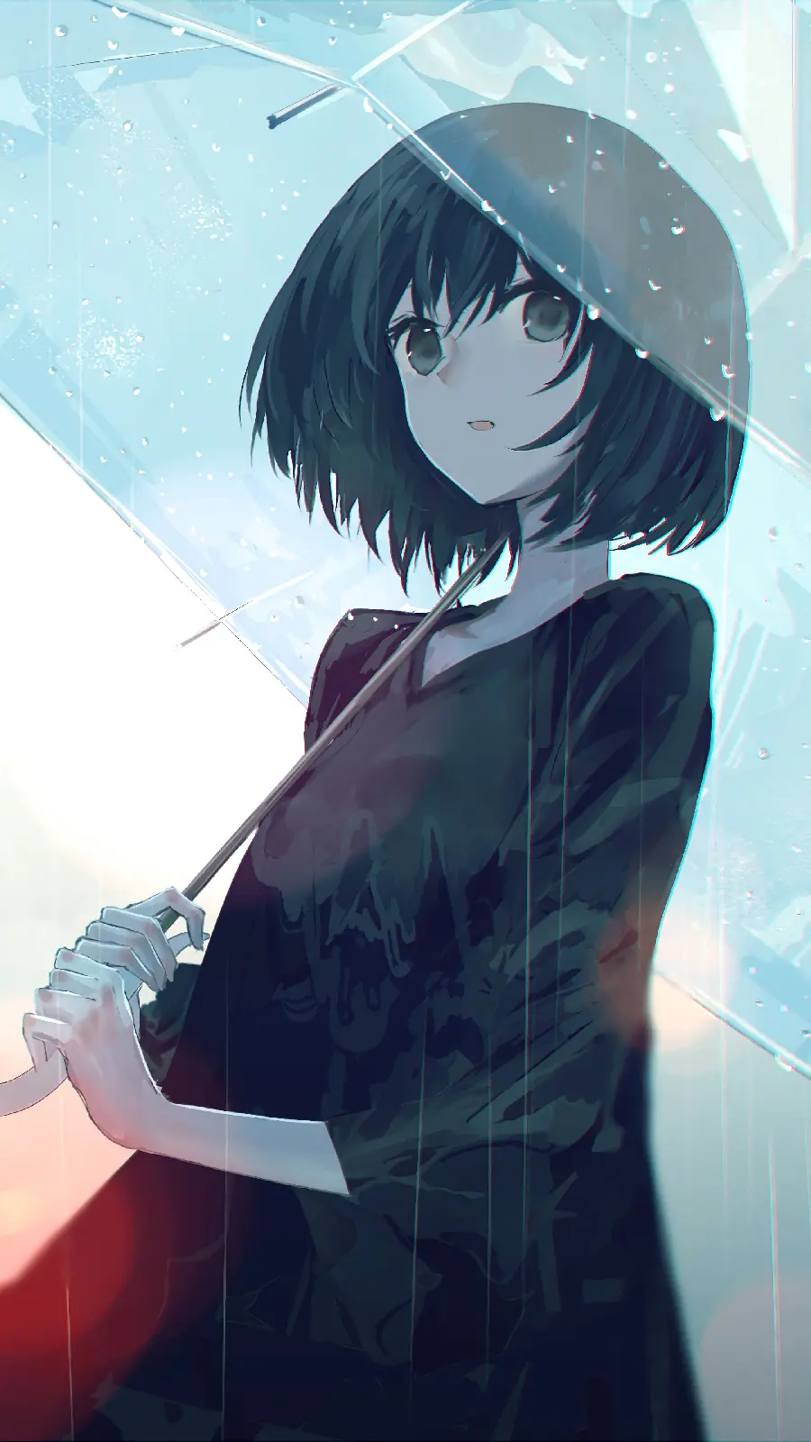 Anime background image of a mourning girl in black with a transparent umbrella under the rain Full quality anime