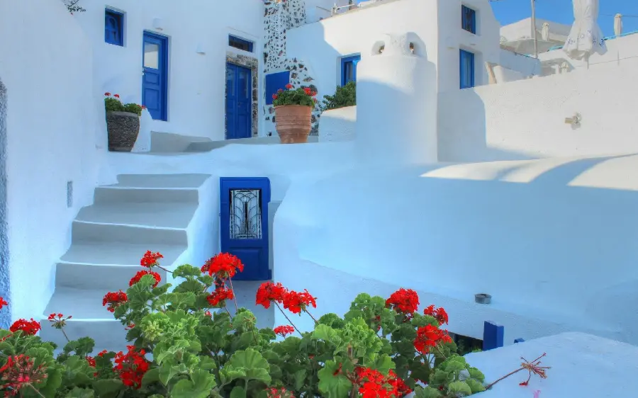 The latest background photo of a house with blue doors and windows and begonia flowers in Santorini