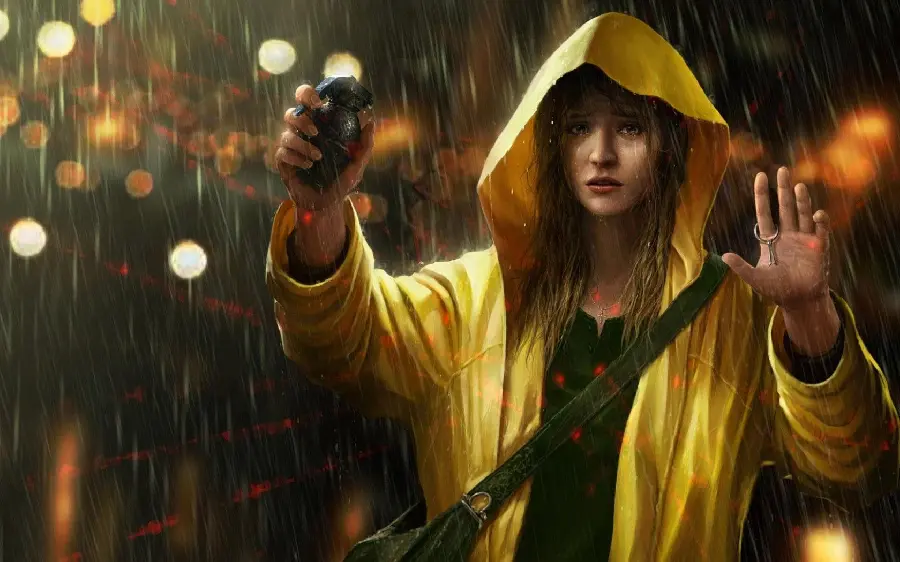 Download a stock photo of a crying girl in a yellow raincoat with a grenade in her hand in the rain in real quality