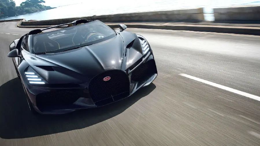 Photo of the $5 million Bugatti W16 Mistral Roadster on the road