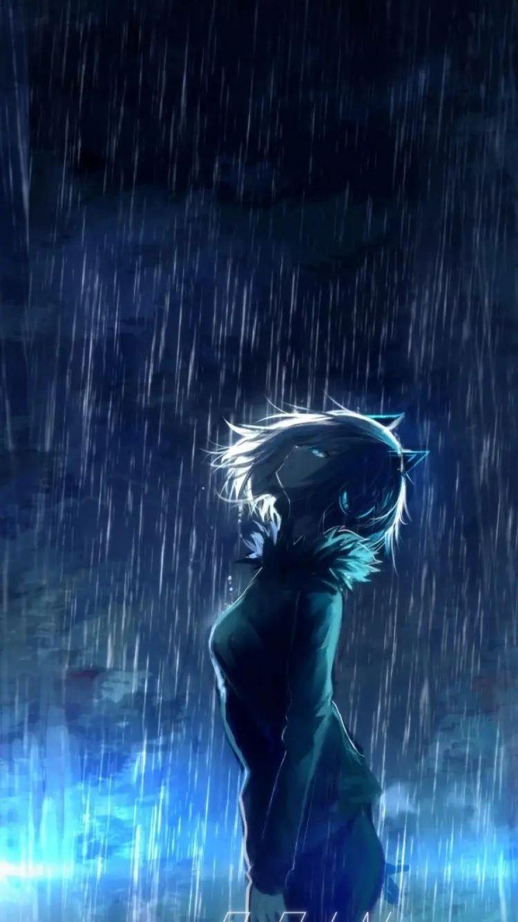 Anime poster of a depressed cat-eared girl in the rain anime rainstorm high quality