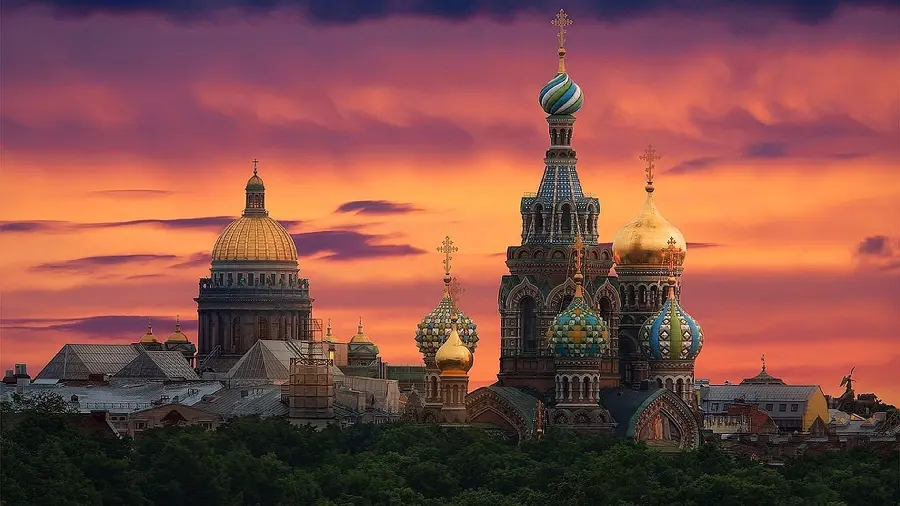 Famous picture of the sunset of the Church of the Savior on Spilled Blood in St. Petersburg in HD quality suitable for tablets