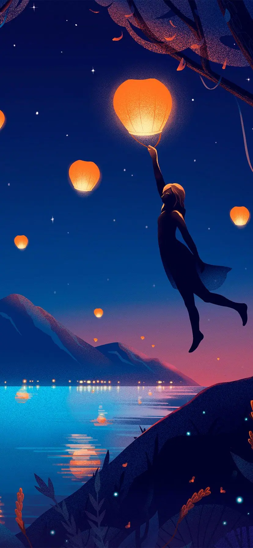 Download the supernatural anime photo for the Android phone of a girl flying with a balloon of wishes in nature