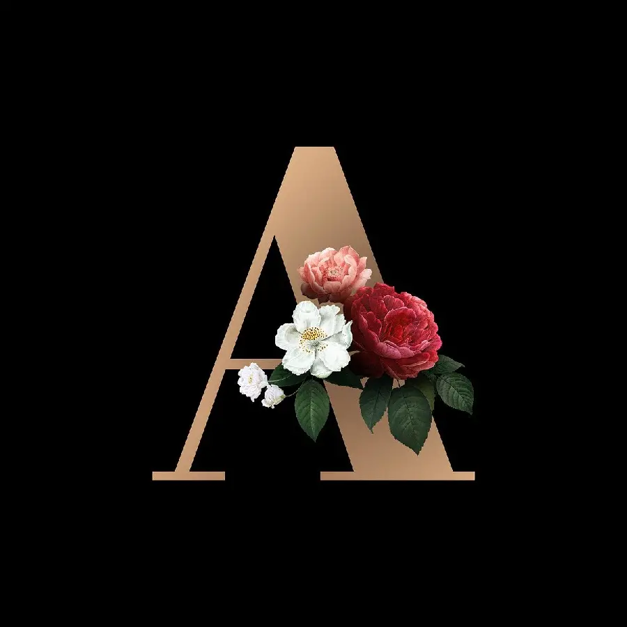 Digital profile photo of the English letter A with a black background and beautiful flowers