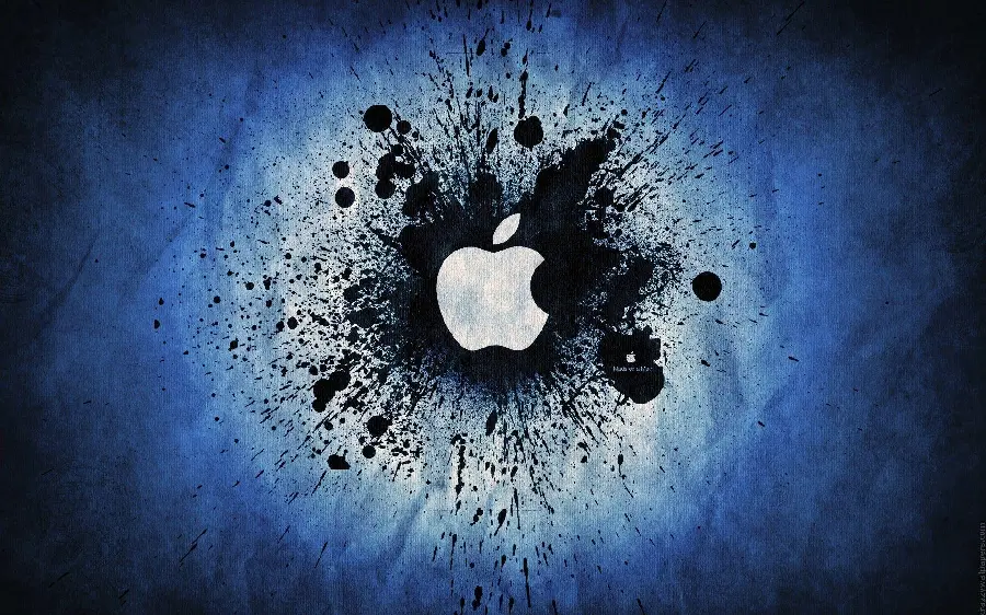 Download a unique background photo of a bitten apple with the colors Round black and white and blue with top quality