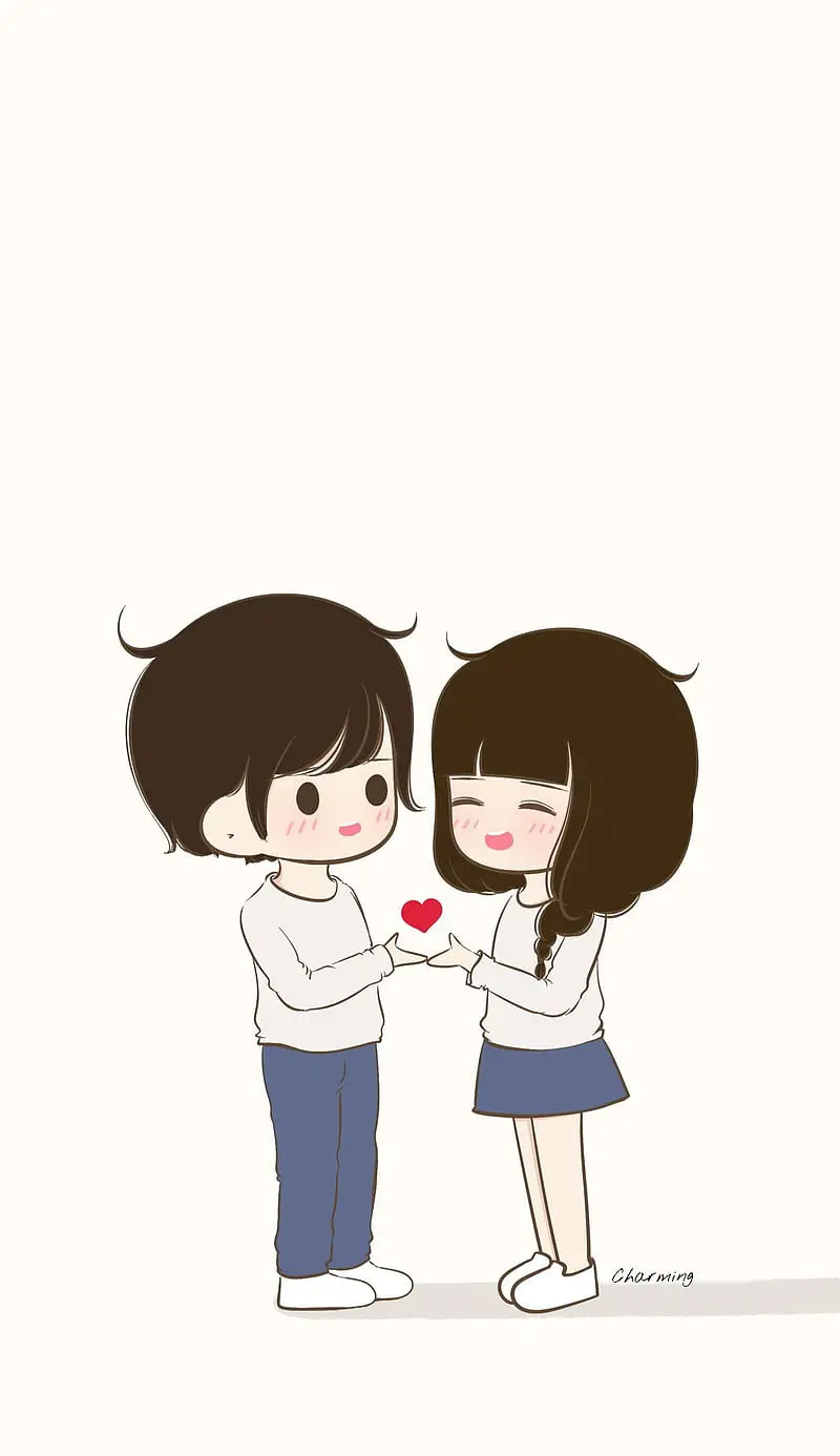 Cartoon wallpaper of a girl and a boy in love for mobile phones 