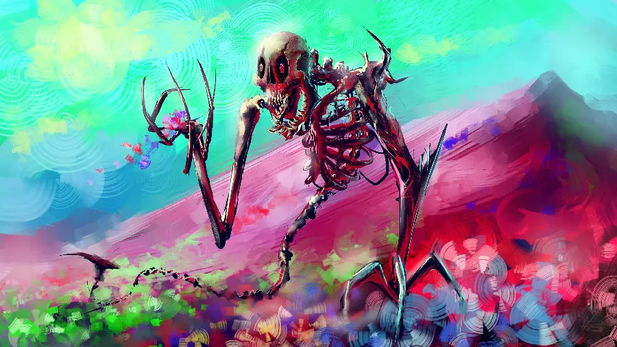 A popular digital photo of a human skeleton in a colorful plain 