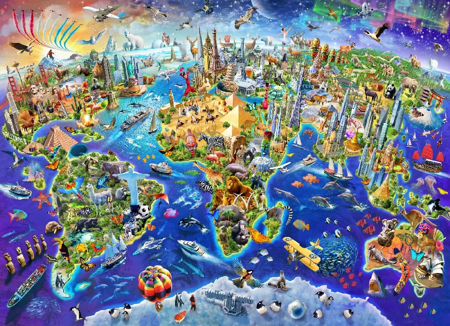 Amazing and dreamy image of the world map with interesting details of places and animals with special quality 