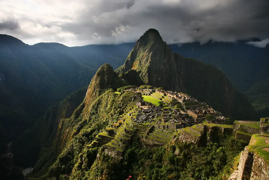 Dark stock photo of the view of the famous Inca civilization in the city of Machu Picchu