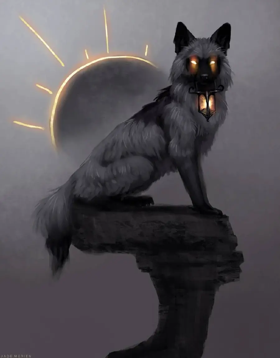 Fantasy picture of a silver fox with a bright light in its mouth and bright eyes on a black stone table