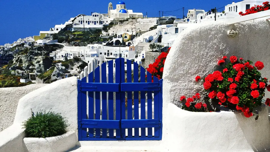 The most beautiful Santorini background blue wooden door with red flowers next to it