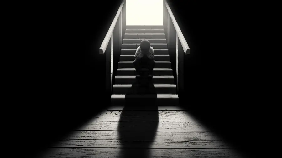 Black and white picture of sad boy for Windows 11 background