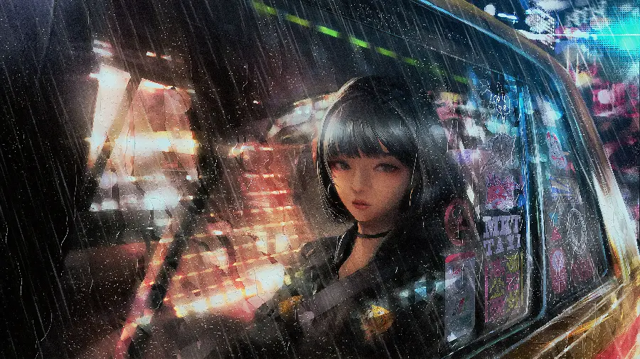 Anime photo of a beautiful tender-hearted girl in a car and in the air Rainy anime
