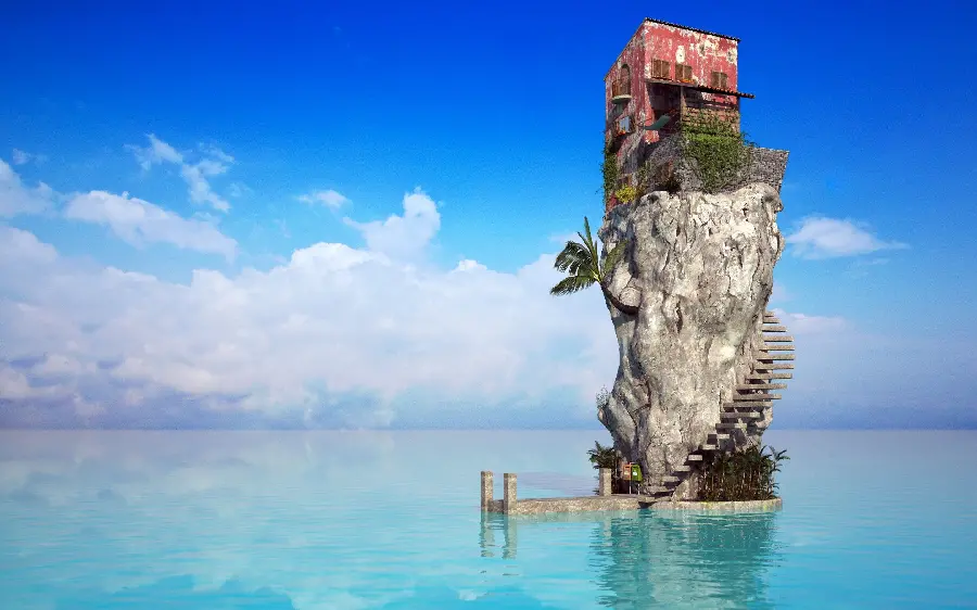 Creative and beautiful background photo of a beach house and a villa with a sunshade above High cliff with steps