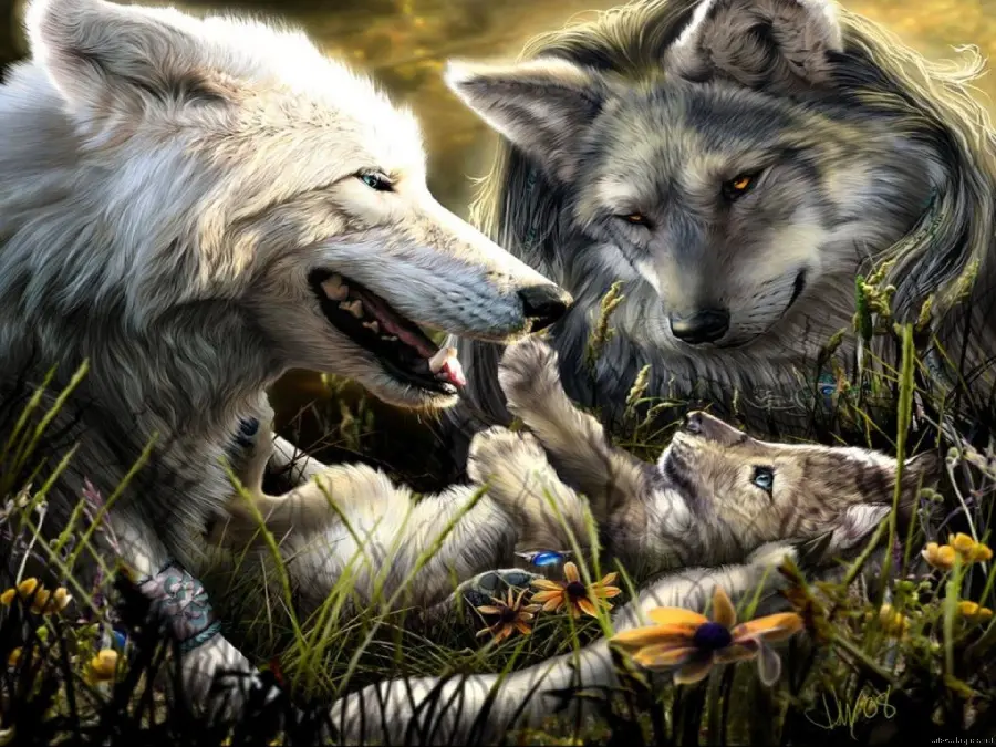 Masterpiece image of a wolf cub with parents in special quality