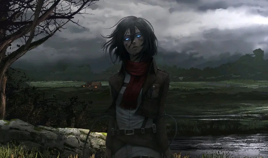 Dark black background of the character Mikasa in the Attack on Titan Anime 
