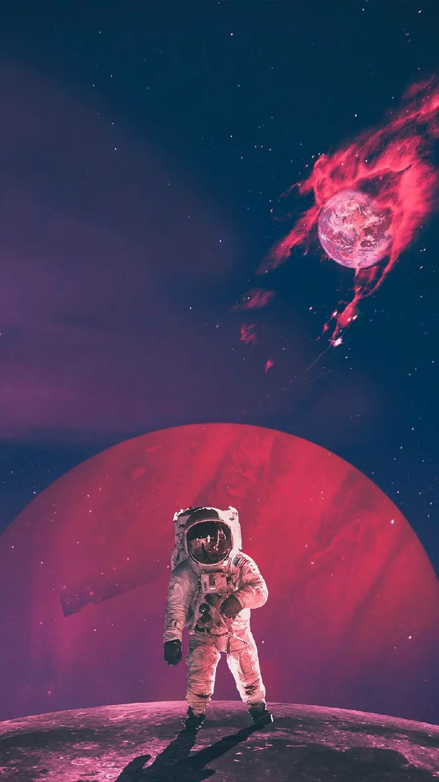 The most attractive astronaut wallpaper on a planet far from Earth with a pink and navy theme in 4k quality for your phone