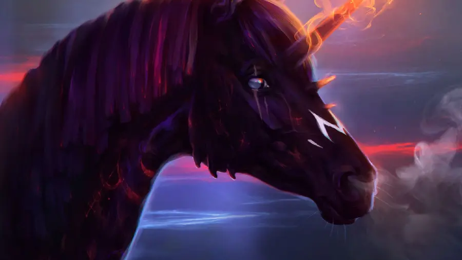 Dark graphic image with 8K design of a unicorn with a fiery horn