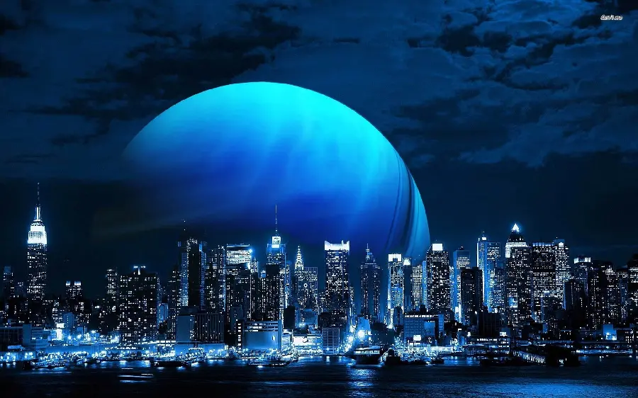 Amazing photo of skyscrapers and city towers with a blue globe behind it