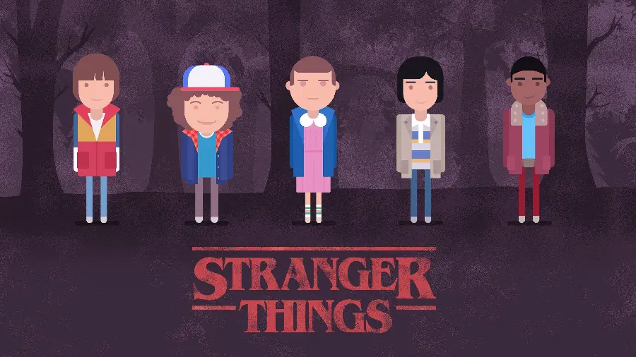 Cartoon photo of the characters of the series Stranger Things Strange Things for Windows 11