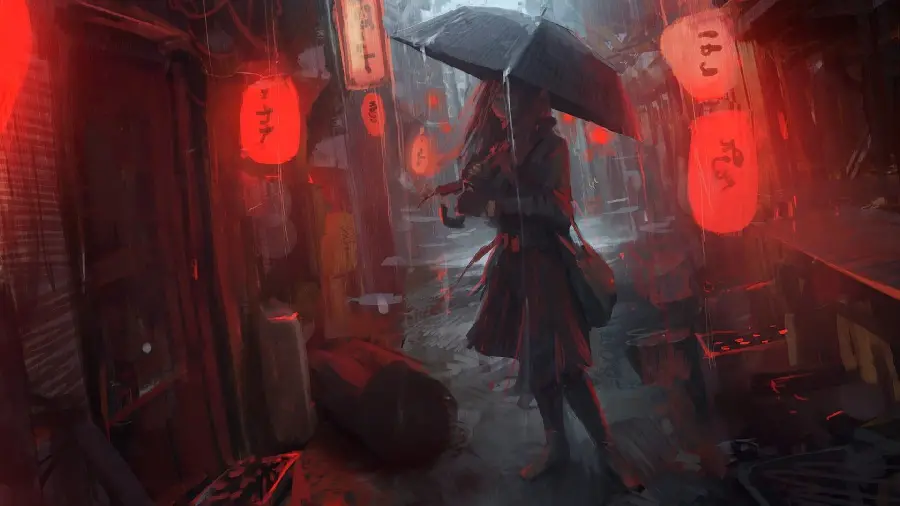 Low quality fantasy web background of a girl with an umbrella in the rain anime in Chinatown