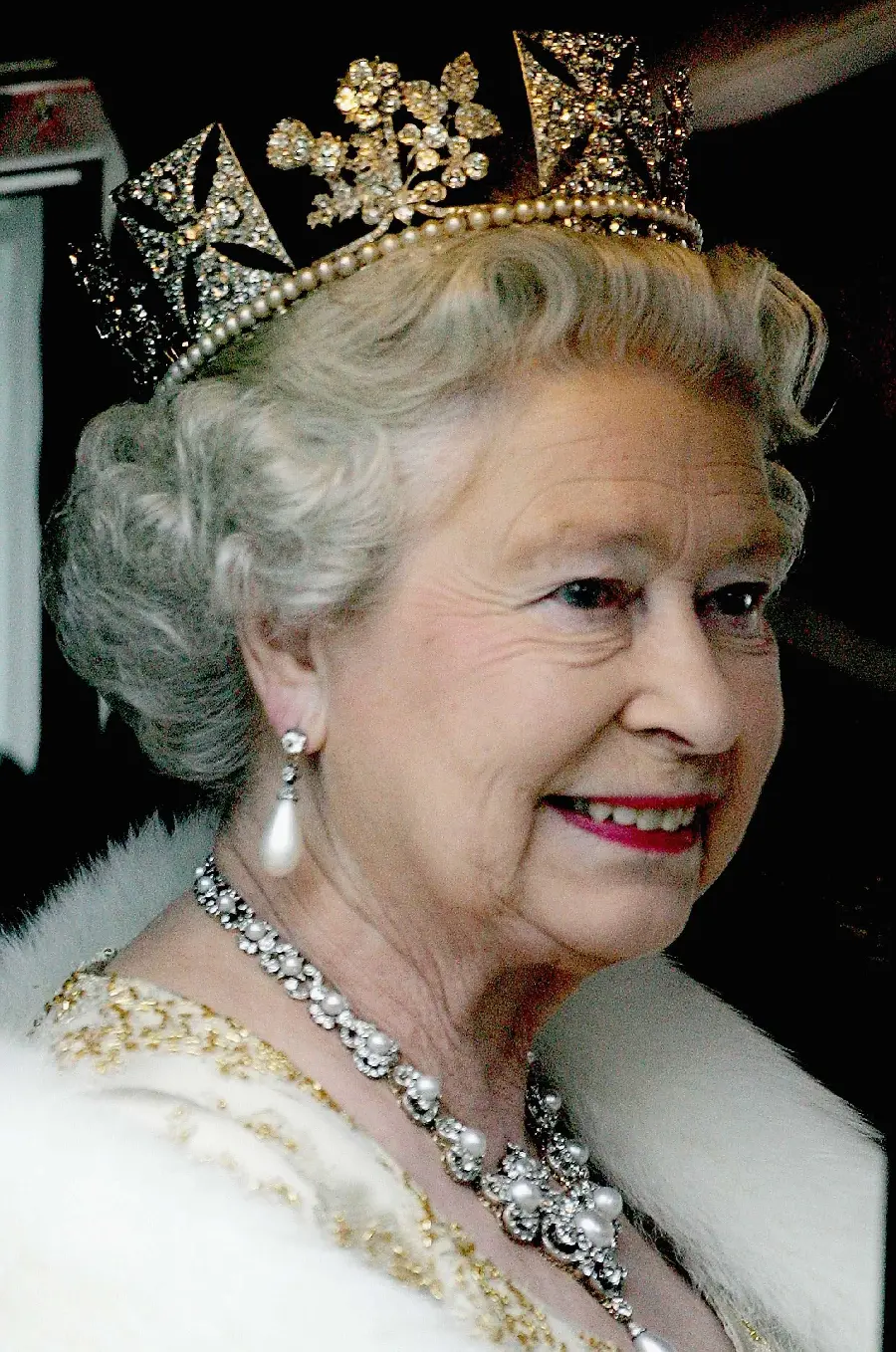 Close-up of Queen Elizabeth of England with Royal Jewels