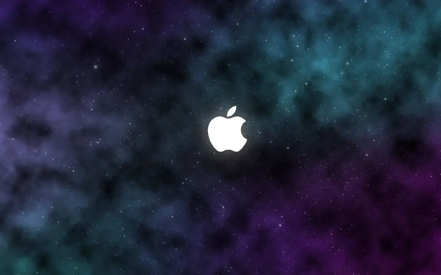 Fantasy Stock Photo of a Bitten Apple with a Multicolored Cloud Background and a White Apple in a Starry Sky