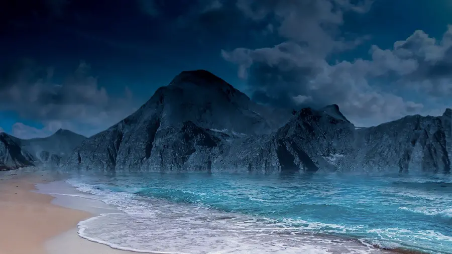 Download a terrifying and dark image of The raging ocean and the dark mountain and the cloudy sky in high quality