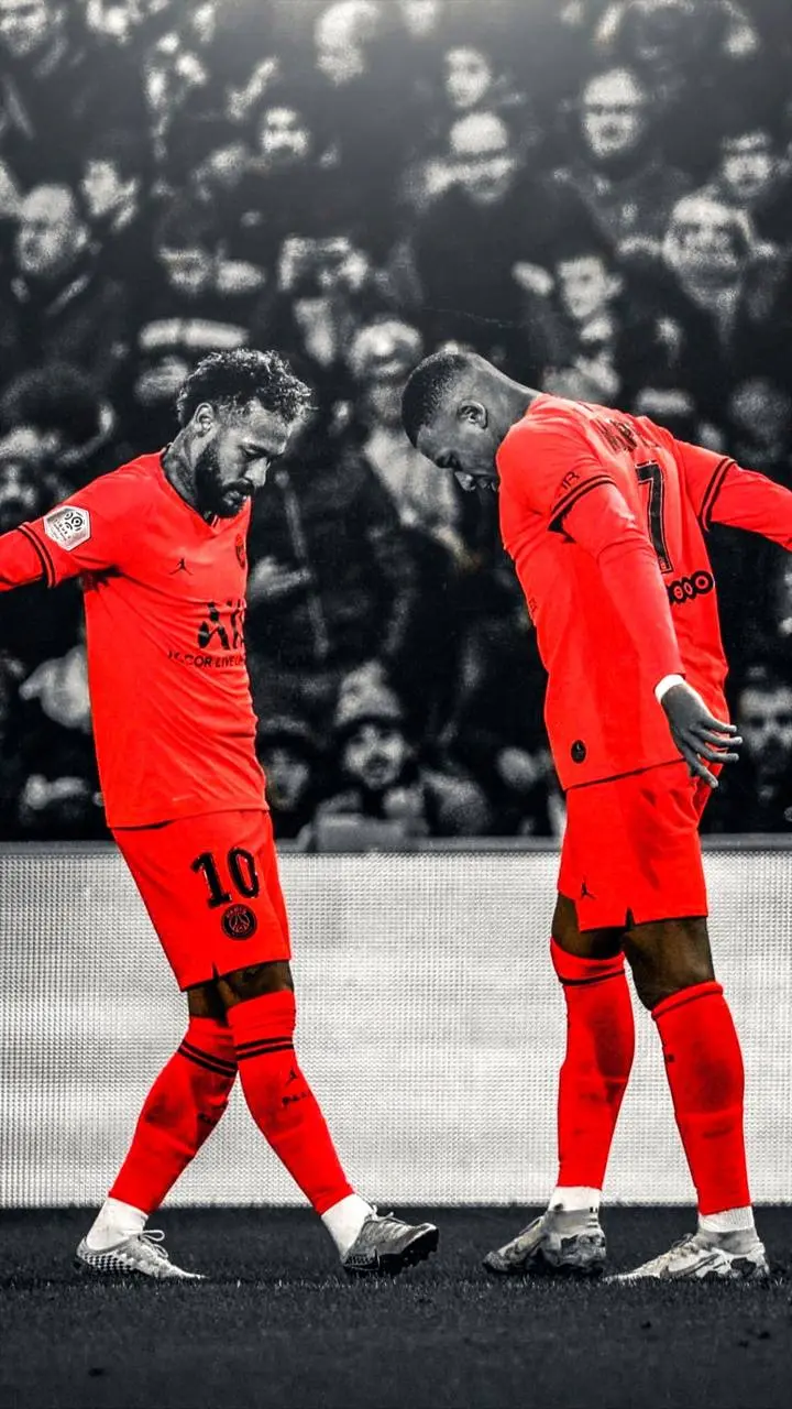 Download the beautiful background image of Neymar and Mbappe with both hands bent behind them and one leg forward