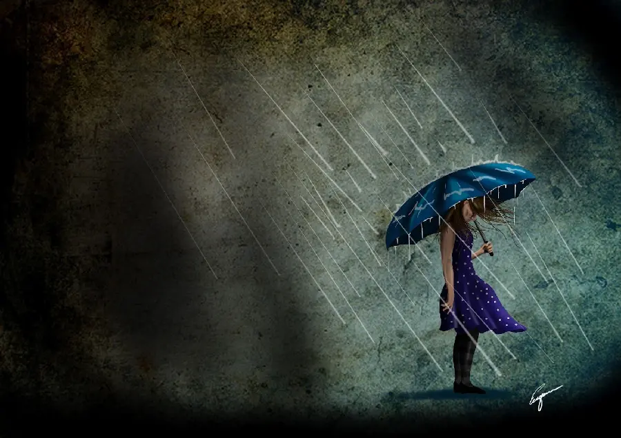 Download a high-quality background of a beaten girl with a head under a blue metallic dress with an umbrella in the rain in anime