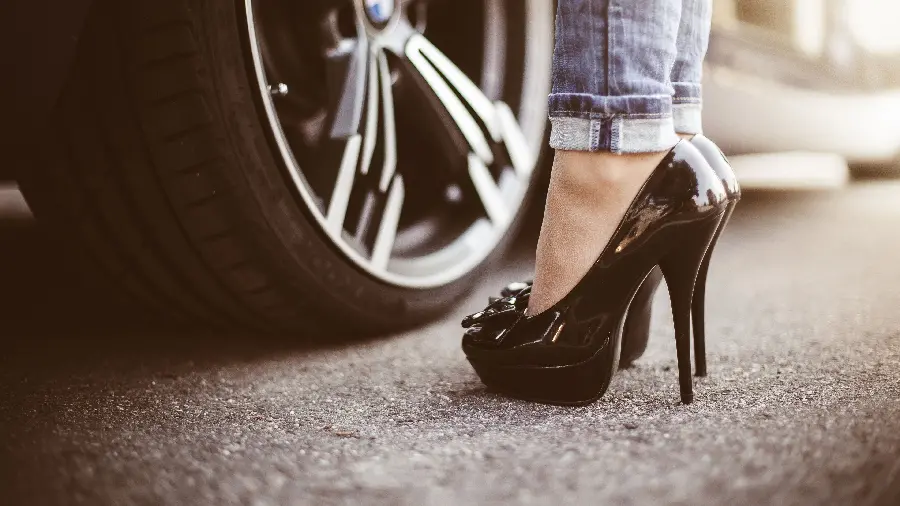 Download cool picture of black high heels next to the car 