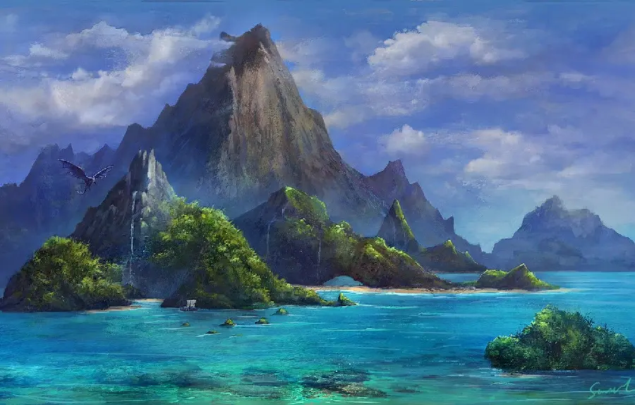 Old wallpaper of a vast ocean and conical mountains and some green in high quality, special for Telegram