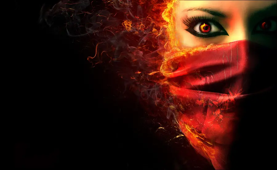 Scary girl profile picture with fiery red theme 