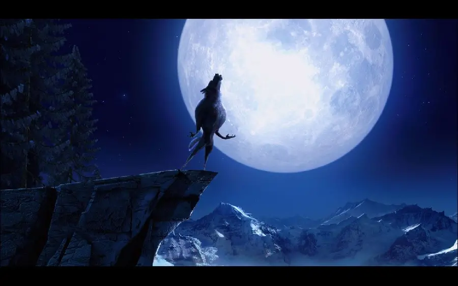 A very strange wallpaper of a wolf standing along the moon with special quality 