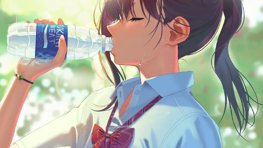 Awesome anime photo of a girl drinking water in the middle of nature