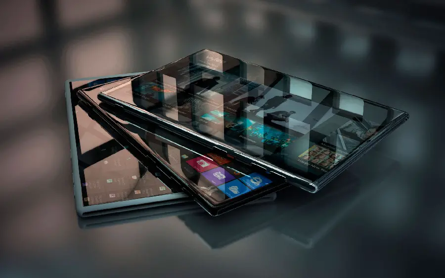 New background of several gaming tablets stacked on top of each other for Windows 12