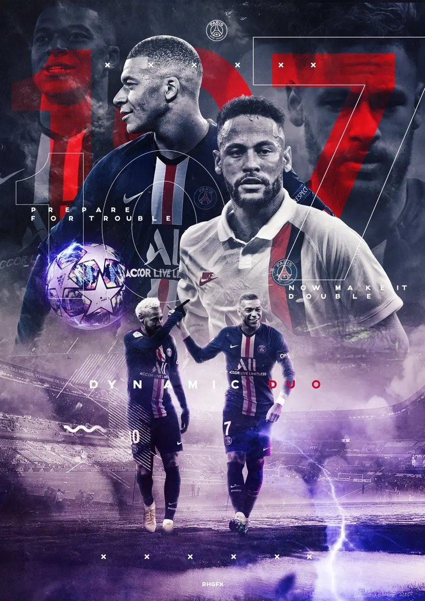 Download a fantasy and multi-colored image of two teammates Neymar and Mbappe standing together with pride