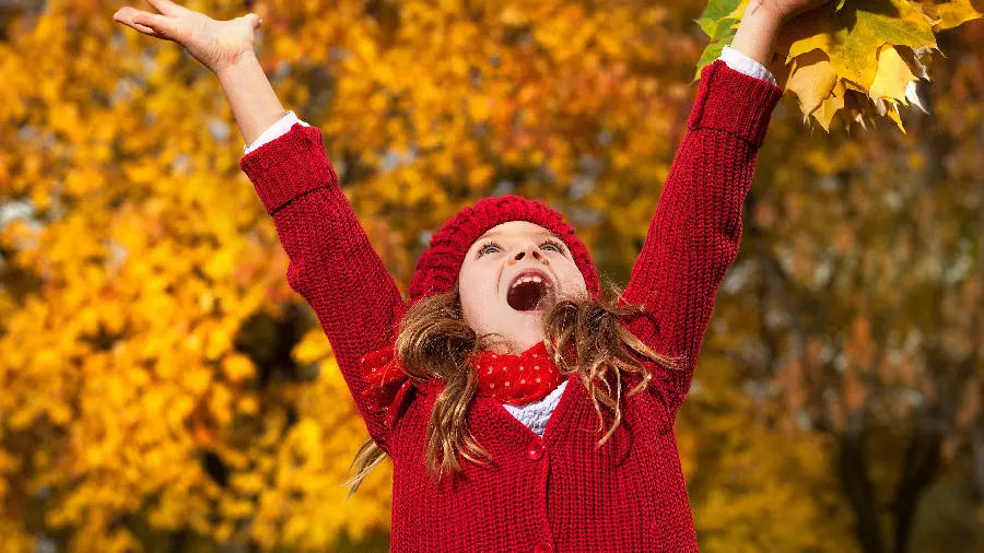 Happy little girl in a red dress in an autumn nature