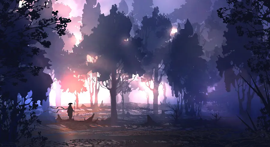 New and masterpiece graphic photo of a lonely man in the forest in the game landscape with a purple theme for profile and background
