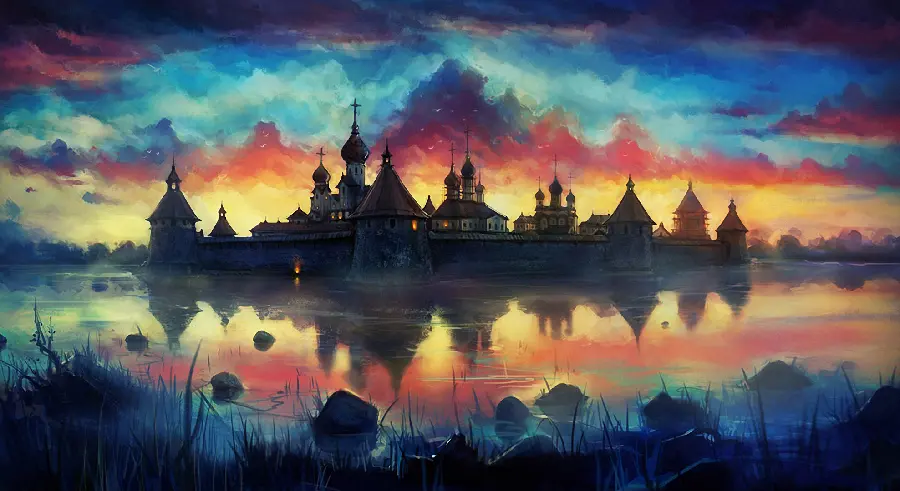 Amazing graphic image of a special city at a colorful sunset