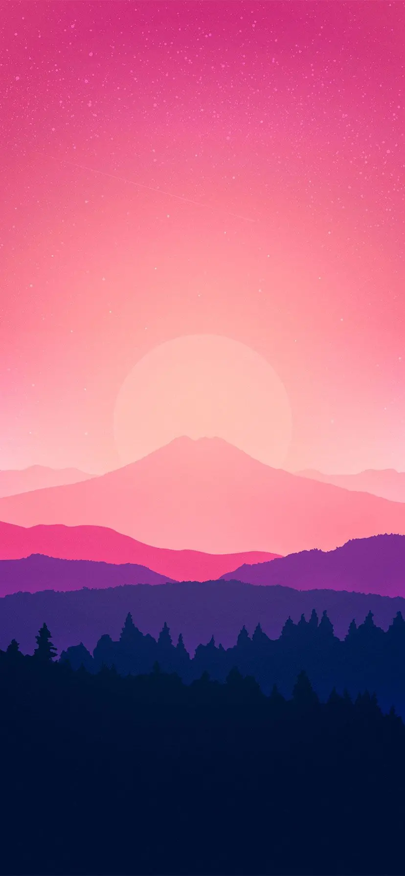 A colorful background photo of a mountainous and forest nature with a pink sky, special for a high-quality Android phone