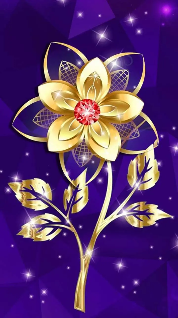 A poster with a purple background of a golden and shining flower with a red middle and 5 leaves