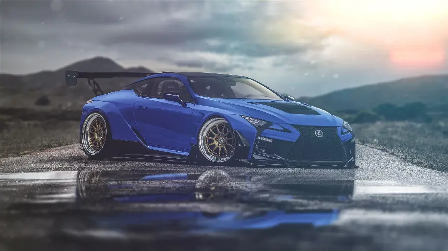 Lovely background image of a blue Lexus LC 500 on a rainy wet ground