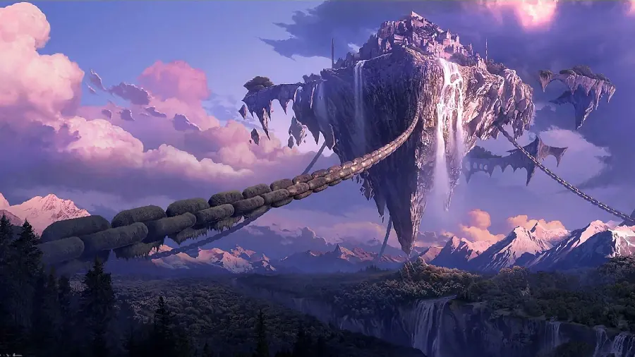 Free download of a strange photo of the game with the role of a city built on air and connected by chains with a lovely purple theme in Full HD quality 