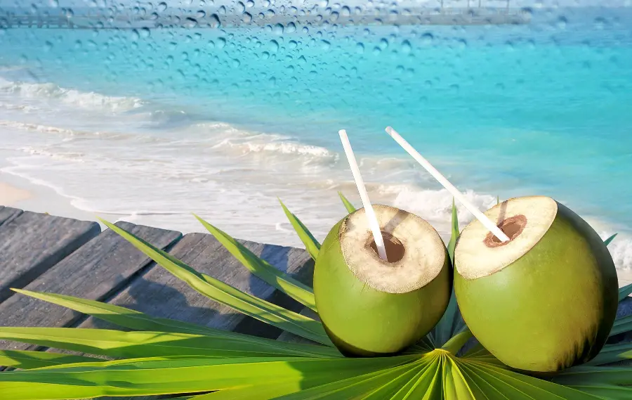 A spectacular stock image of a delicious green coconut drink in a sea beach setting with Full HD quality
