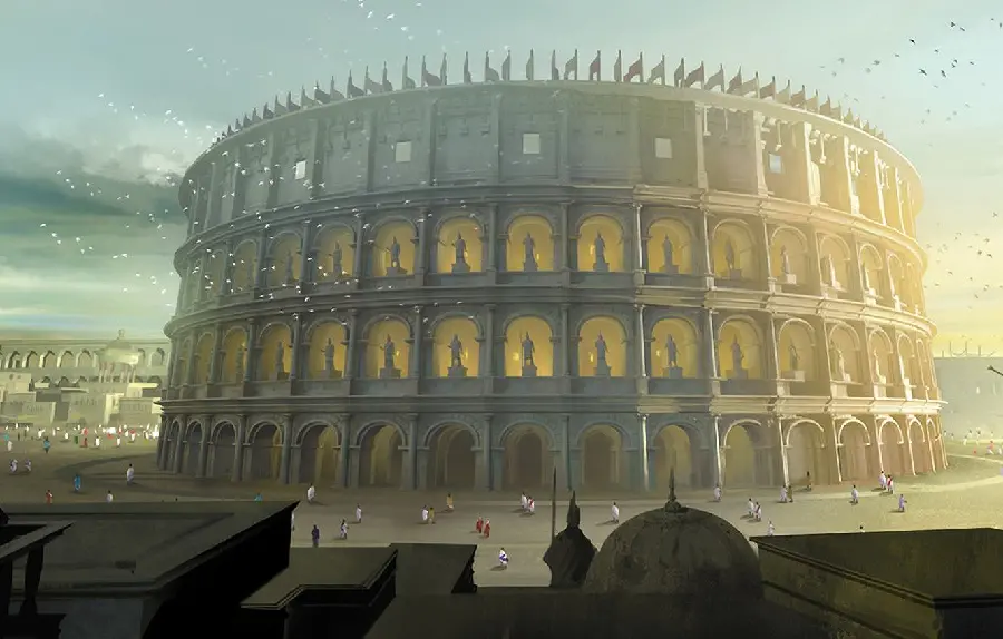 An old and blurry photo of the Colosseum and people around it