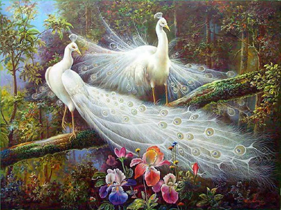 Romantic fantasy image of two white peacocks next to trees and flowers