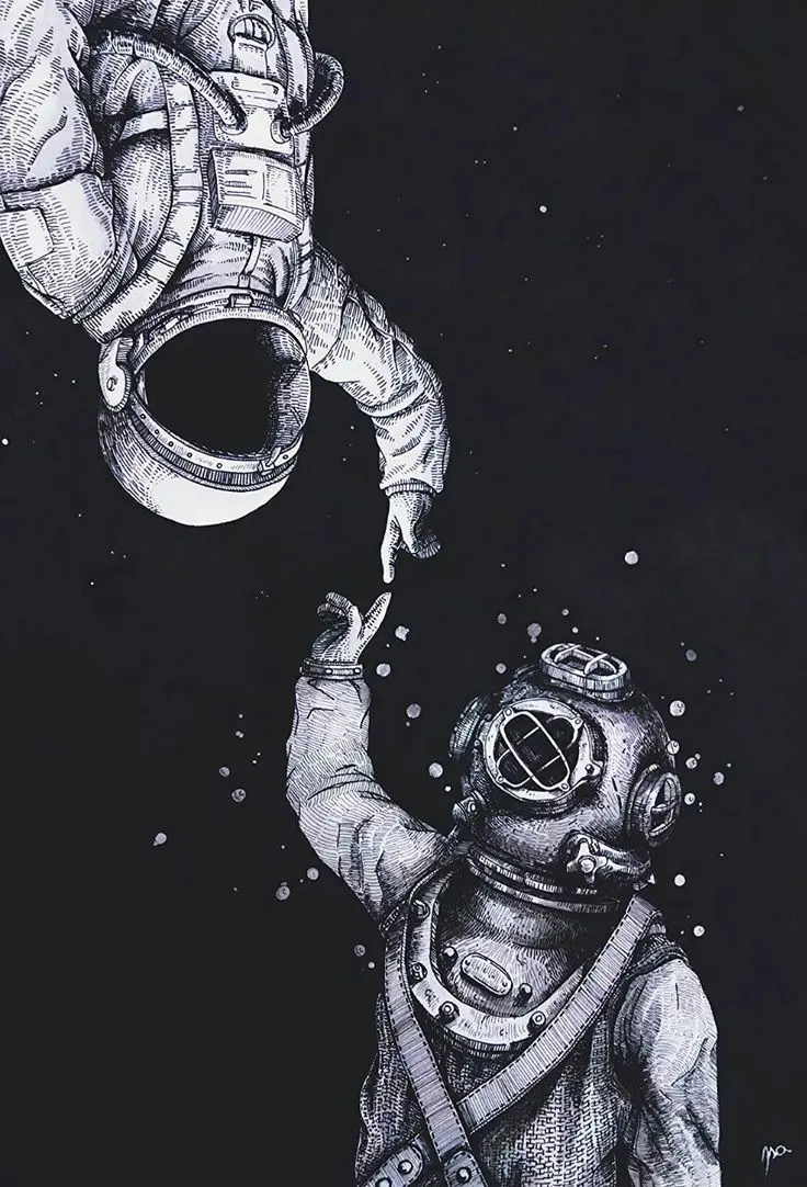 The most downloaded black and white wallpaper of two astronauts in love with pleasant details for mobile phones 