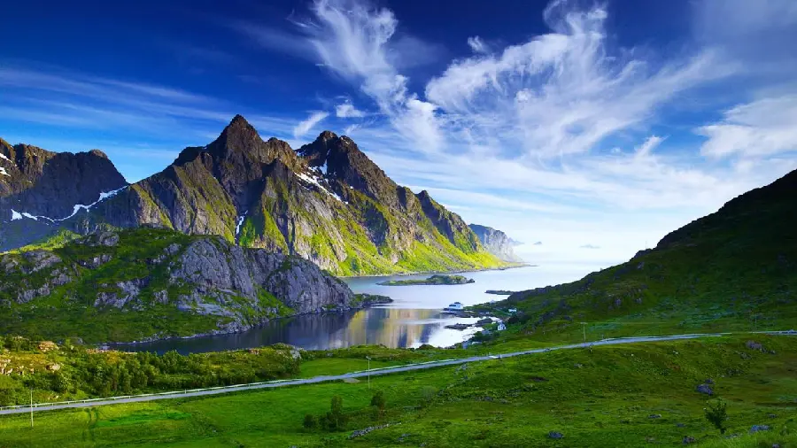Amazing vector of the beautiful nature of the ocean and the proud mountain with a road next to it in high quality for tablets